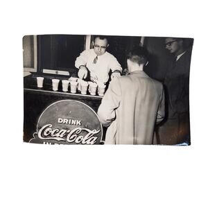 Vtg Monochrome Photography Man Working Behind Store Counter Coca Cola Sign